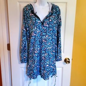 Long sleeve hooded cinch side tropical floral print swimsuit coverup Size XL